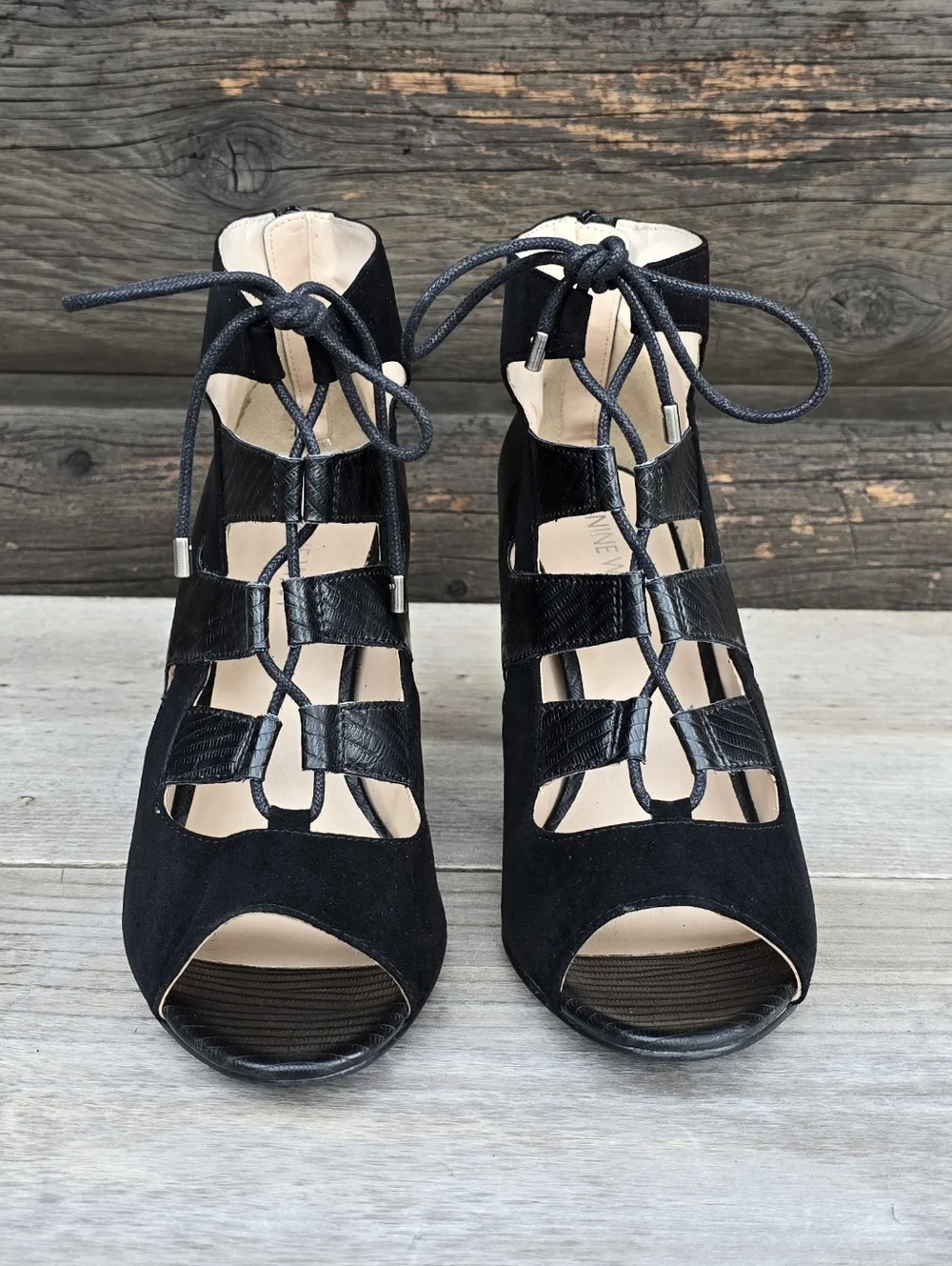 Nine West Stiletto Y2K Glam Revival Caged Lace Up Stiletto Bootie 8.5M